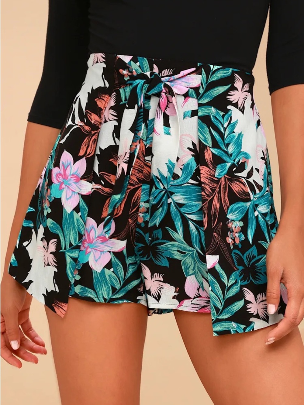 Waialae Gardens Black Tropical Print Tie-Front Shorts